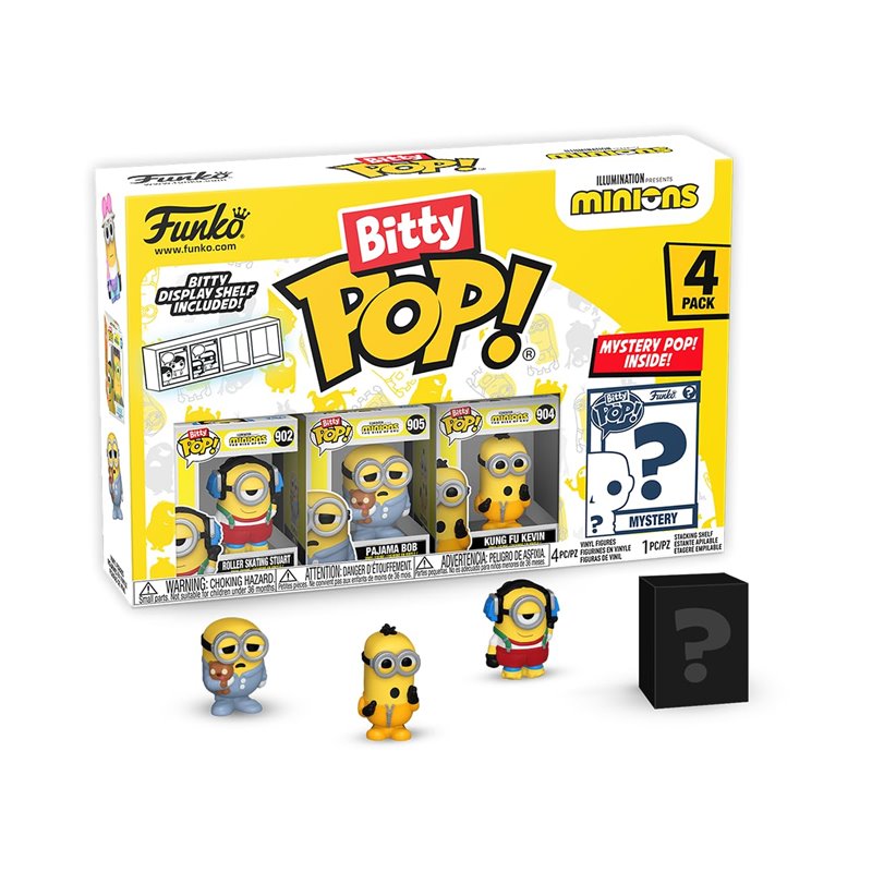 Funko Bitty Pop!: Minions Mini Collectible Toys 4-Pack - Roller Skating Stuart, Pajama Bob, Kung Fu Kevin, & Mystery Chase Figur